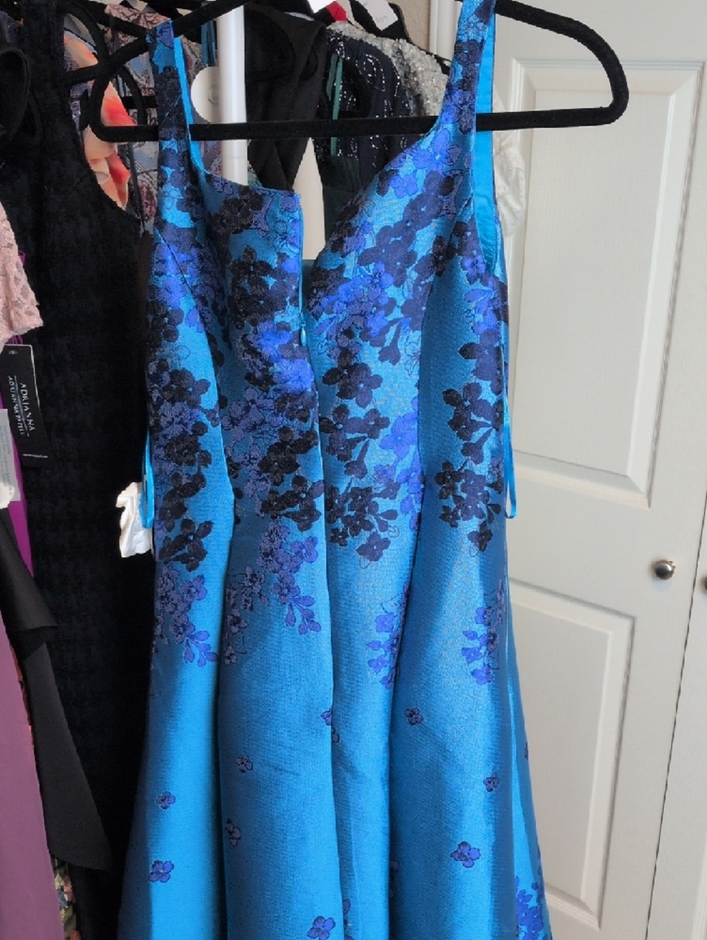 Adrianna Papell Turquoise Blue & Purple Floral Jacquard Dress Size 4 DEFECT - Picture 3 of 7